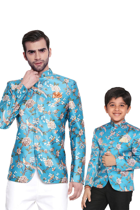 VASTRAMAY Multicolor-Base-Turquoise Baap Beta Jodhpuri Set